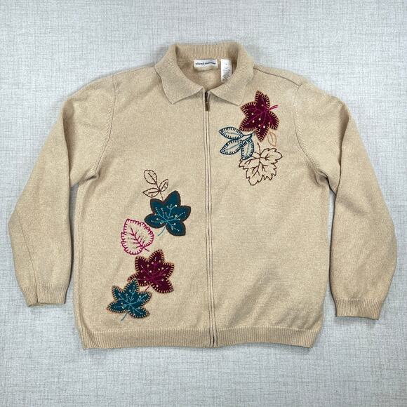 Alfred Dunner Full Zip Fall Cardigan Women's 1X Tan Cottagecore Leaves Beaded - Picture 1 of 7